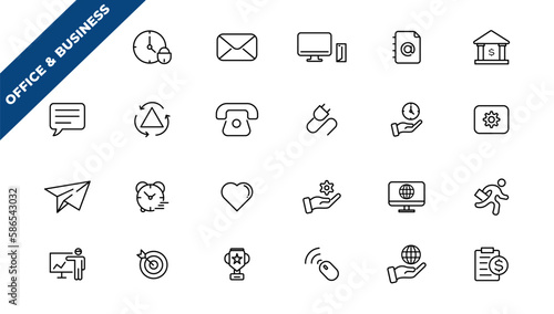    Office and Business thin line web icons. Outline icons collection. Business, Marketing, Banking, SEO, Teamwork and other symbols. Office management sumbols.