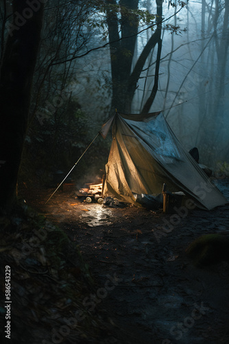 Wilderness Survival  Bushcraft Tent Under the Tarp in Heavy Rain  Embracing the Chill of Dawn - A Scene of Endurance and Resilience