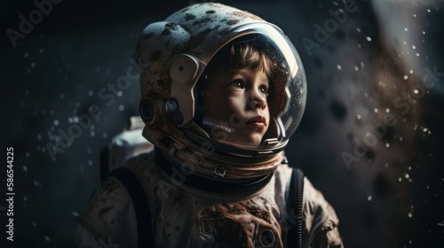 Little kid wearing spacesuit. Cosmonaut concept. Ai generated. © wasan