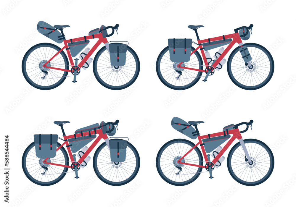 Set of touring bikes with bikepacking bags. Road, gravel bicycle and
