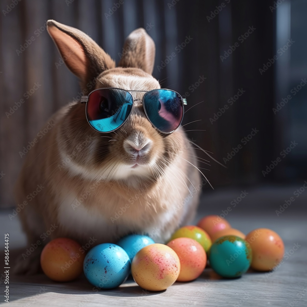 Cute And Fluffy Rabbit Bunny With Sunglasses And Easter eggs