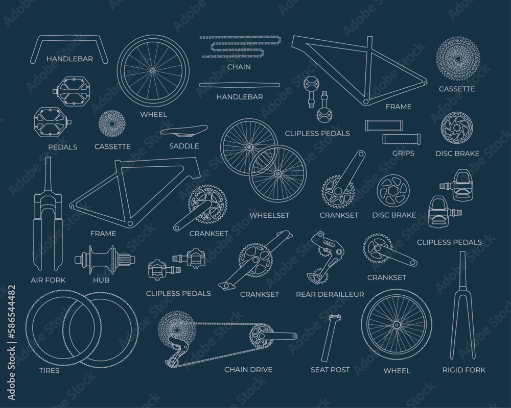 Scheme, a set of bicycle parts on a blackboard. Elements, details of a gravel, road, mtb bike