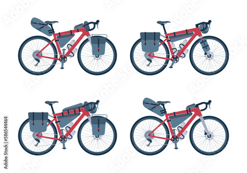 Set of touring bikes with bikepacking bags. Road, gravel bicycle and elements gear. Saddlebag, frame, trunk, handlebar bag. Collection isolated flat vector illustration 