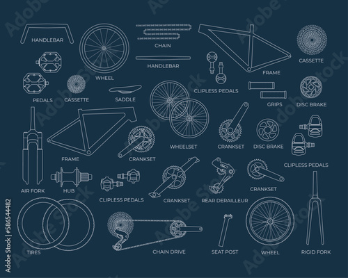 Scheme, a set of bicycle parts on a blackboard. Elements, details of a gravel, road, mtb bike with names in an outline style. Fork, wheels, chain, frame, crankset, pedals. Isolated vector illustration