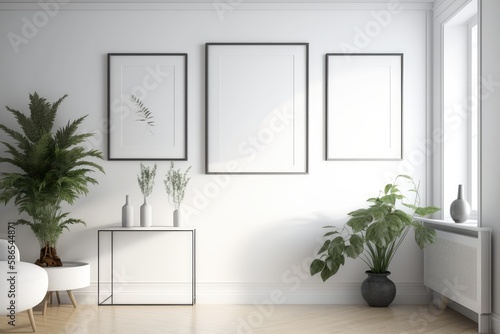 White living room interior with two vertical posters on the wall. 3d rendering mock up