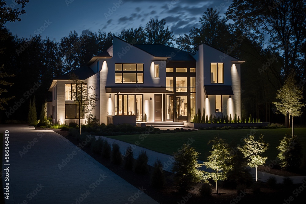 Elegant Modern Home Exterior with Tasteful Outdoor Lighting. - obrazy, fototapety, plakaty 