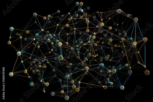 A detailed illustration of a complex network of interconnected geometric shapes, with different nodes and connections, on black background Generative AI photo