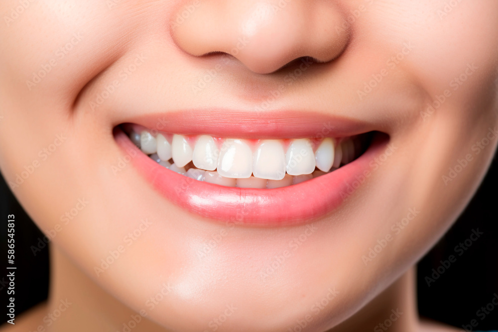 Obraz premium Close up woman detail healthy white teeth, beige lipstick. Generative AI