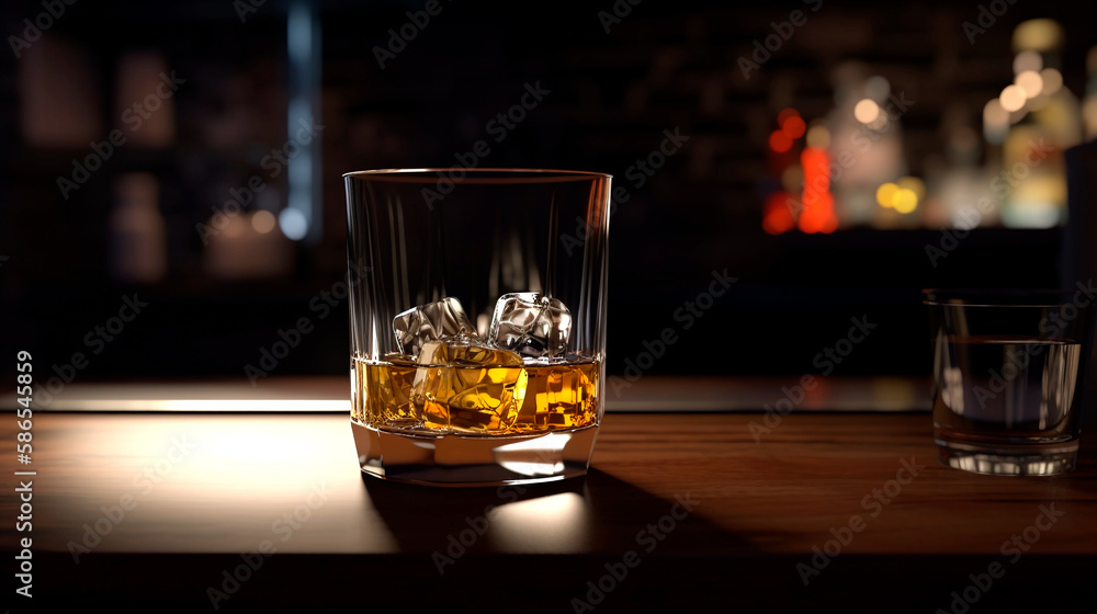 a glass of whiskey on ice on the bar counter. Generative AI