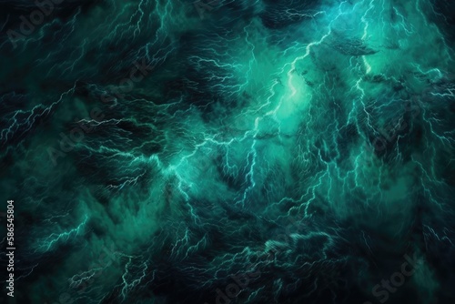 dramatic storm with lightning against a dark green and black background. Generative AI