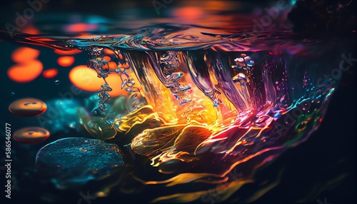 Underwater background. Dark waves neon with flares surface. Glow purple water splashes colorful lights.