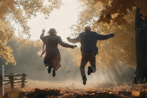 Senior couple exited in he park jumping ,generative Ai