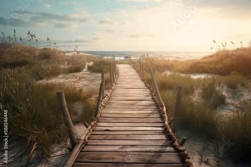 Wooden path going towards the sea  generative Ai