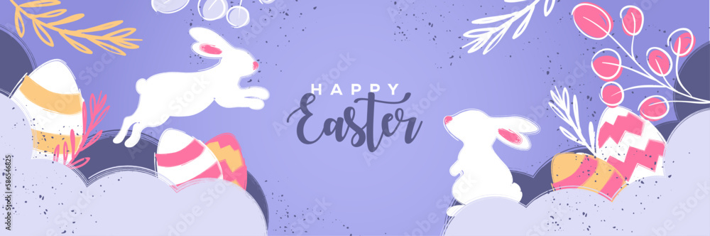 Naklejka premium Happy Easter banner. Trendy Easter design, hand painted strokes and dots, Modern minimal style. Horizontal poster, greeting card, header for website.