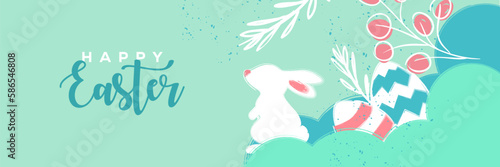 Happy Easter banner. Trendy Easter design, hand painted strokes and dots, Modern minimal style. Horizontal poster, greeting card, header for website.