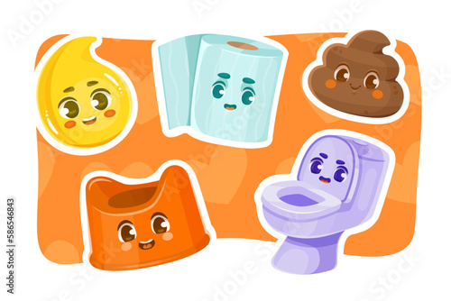 Set of cute childrens characters with pee, poop, toilet paper, toilet and baby potty.