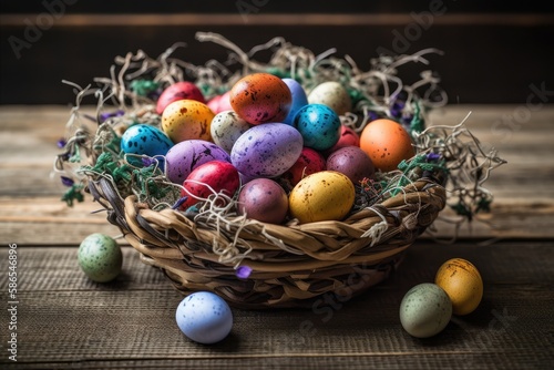 basket overflowing with vibrant Easter eggs. Generative AI