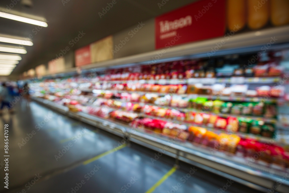 Defocused blur of supermarket meat with dairy products