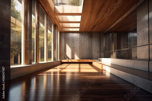 Bright and Airy Hallway with Wooden Flooring and Abundant Natural Lighting. Generative AI