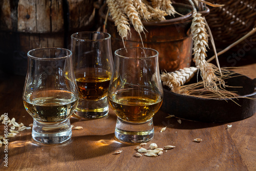 Small tasting glasses with aged Scotch whisky on old dark wooden vintage table with barley grains photo