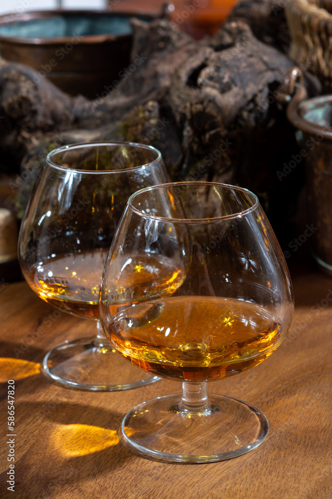 Tasting of aged french cognac brandy alcoholic drink in old cellars of cognac-producing regions Champagne or Bois, France Tasting of aged french cognac brandy alcoholic drink in old cellars of cognac-producing regions Champagne or Bois, France