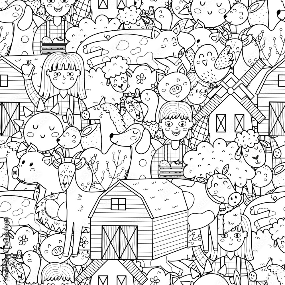 Cute farm characters black and white seamless pattern. Coloring page with funny animals and farmers. Outline background for coloring book. Vector illustration