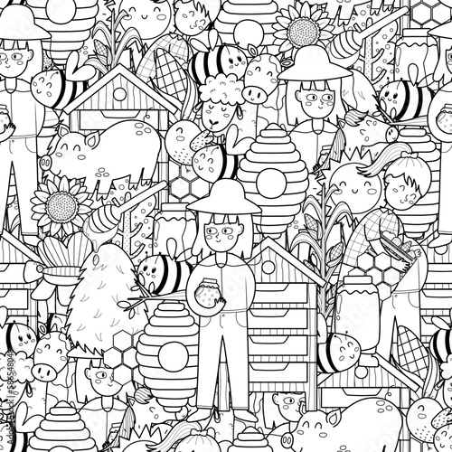 Bee and beekeeper black and white seamless pattern. Coloring page with funny farm characters. Outline background for coloring book. Vector illustration