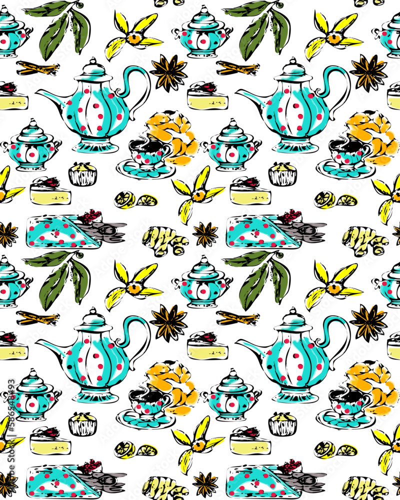 Vector seamless pattern of tea collection elements in graphic style ...