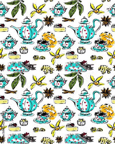 Vector seamless pattern of tea collection elements in graphic style.SEAMLESS PATTERN ON SWATCHES PANEL. Great for menu decorations, websites,baners, textiles.