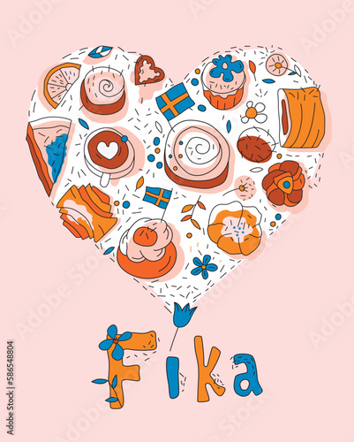 Coffee break decorative poster. Fika background idea