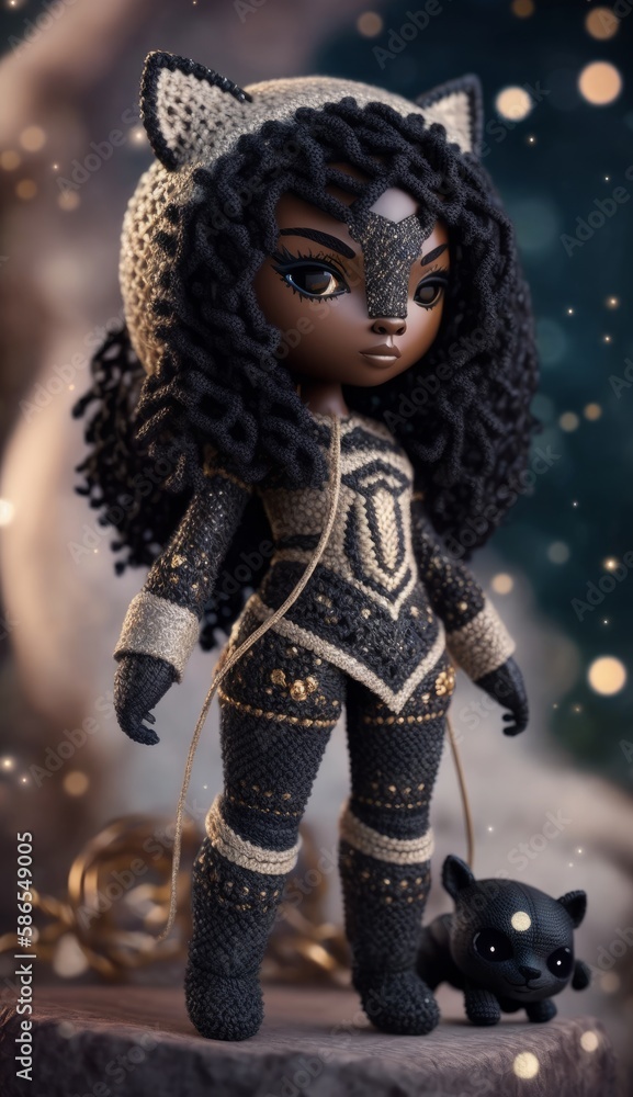 New Year's elegant black toy doll panther girl for children, decorative knitted toy. Created with AI.