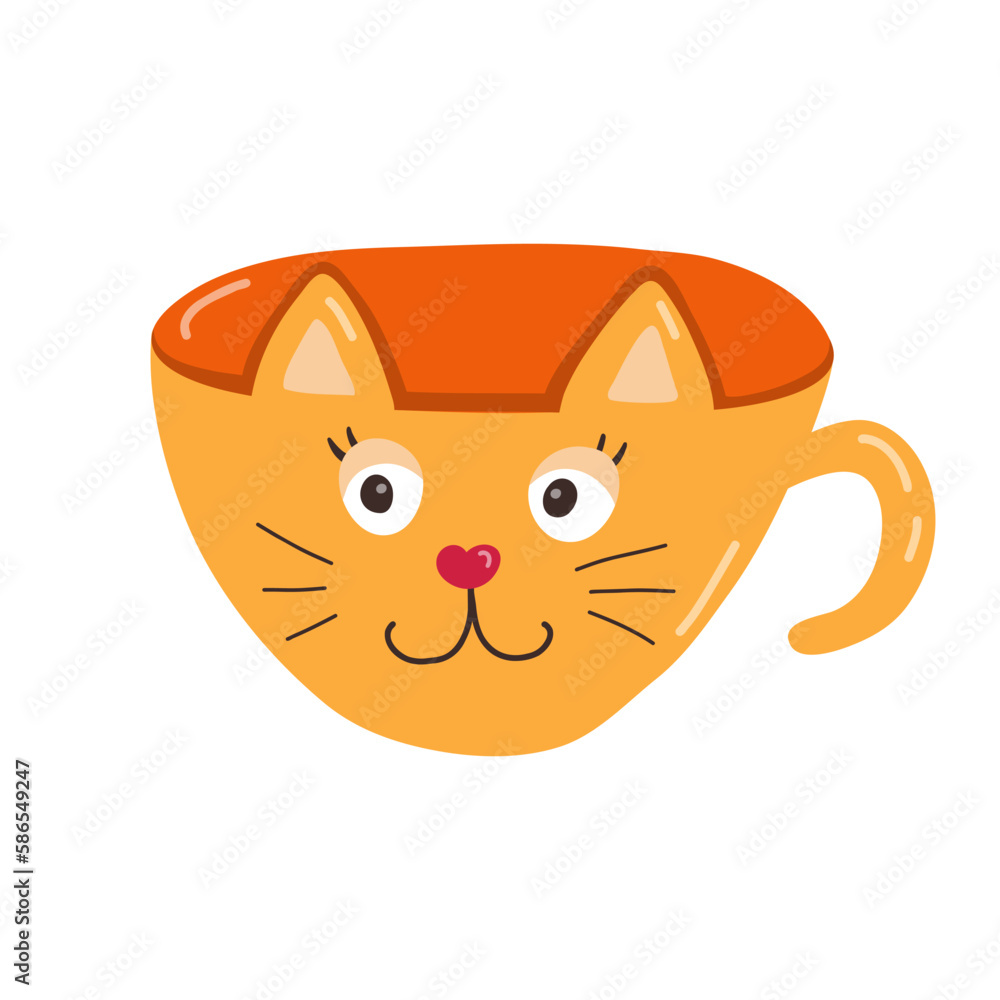 Obraz premium Cute hand drawn handmade ceramic mug in the shape of cat. Tea cup and coffee mug for scandinavian kitchen. Colorful vector clipart of morning crockery, cartoon cup porcelain tableware