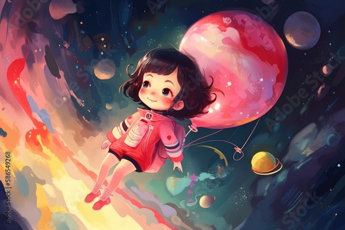 The character of a girl is flying in space. AI generated illustration in hand-drawn style.