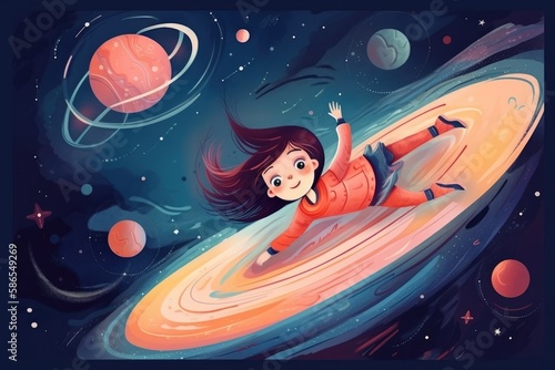 The character of a girl is flying in space. AI generated illustration in hand-drawn style. © ShniDesign