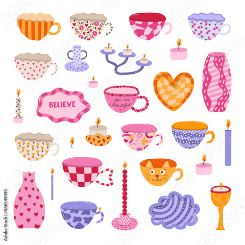 Cute set of handmade ceramic household crockery and pottery in the style of 70s. Hand drawn trendy ceramics: vases, candlesticks, mug and teacups, plate for jewelry. Utensils for home decoration