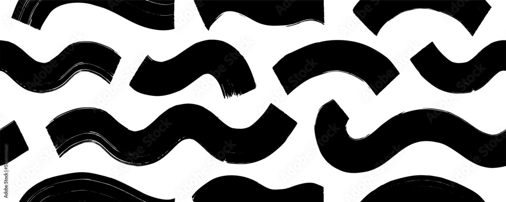 Hand drawn seamless wavy pattern. Curly grunge paint lines. Sea, rivers or ocean abstract waves. Horizontal wavy bold brush strokes. Abstract vector geometric pattern. Black and white ornament. Hand drawn seamless wavy pattern. Curly grunge paint lines. Sea, rivers or ocean abstract waves. Horizontal wavy bold brush strokes. Abstract vector geometric pattern. Black and white ornament.