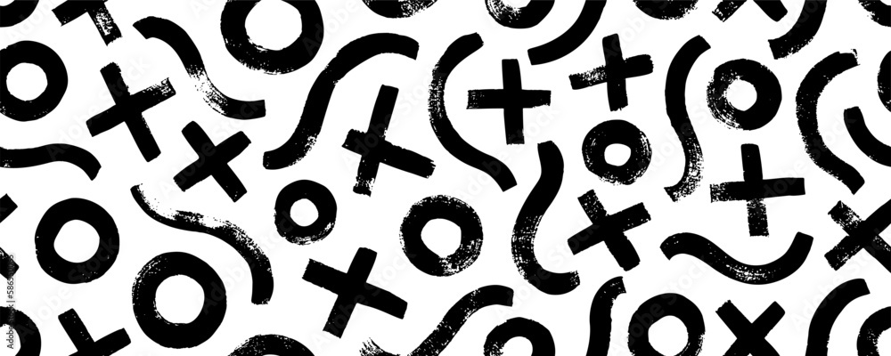 Various lines, circles and crosses seamless pattern. Wavy brush strokes. Geometric vector ornament. Hand drawn modern texture with messy doodles. Chaotic decorative pattern. Various lines, circles and crosses seamless pattern. Wavy brush strokes. Geometric vector ornament. Hand drawn modern texture with messy doodles. Chaotic decorative pattern.