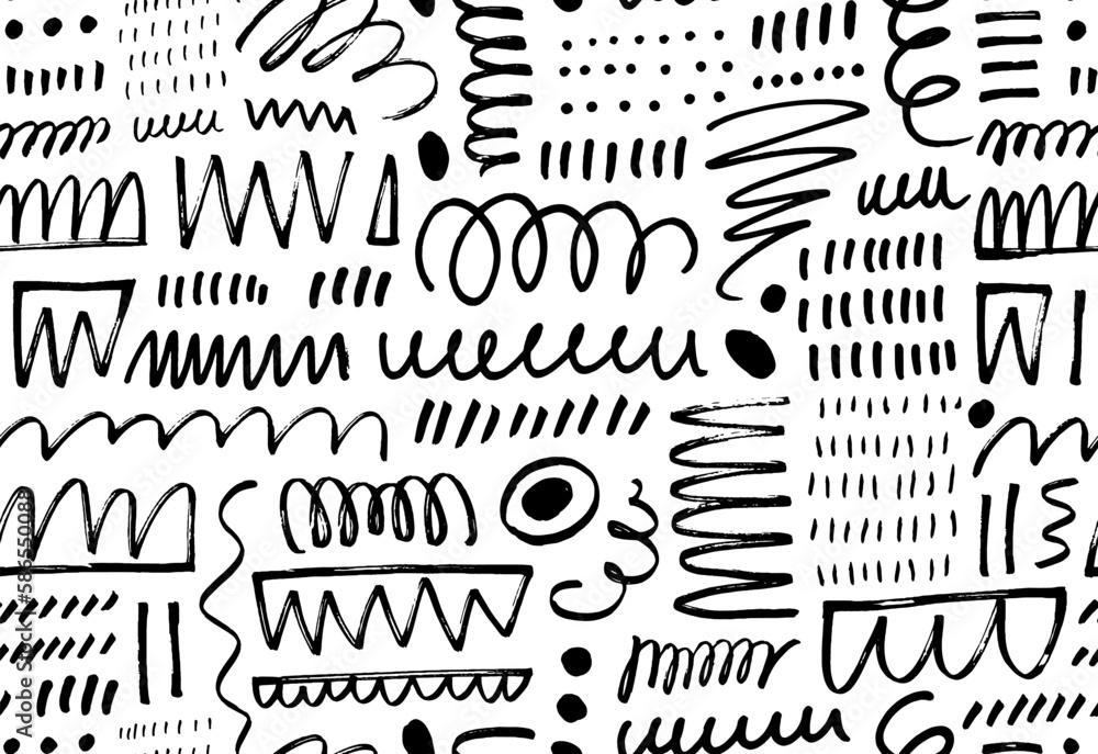 Seamless pattern of underline strokes in marker brush doodle style. Hand drawn black pencil sketches, dots and dashes, freehand drawings. Swashes with scribbles ornament. Vector chaotic scribbles.