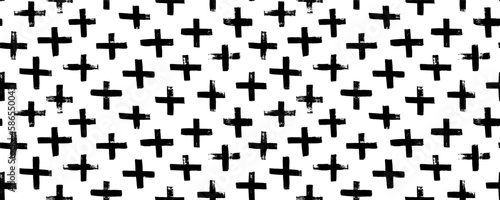 Hand drawn crosses seamless pattern. Vector trendy graphic design. Abstract geometric background with brush strokes. Cross and plus symbols. Hipster monochrome texture. Simple pattern. 