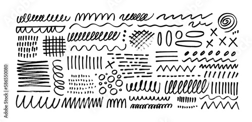 Hand drawn collection of underline strokes in marker brush doodle style. Black pencil sketches, freehand drawings, swashes and scribbles. Vector chaotic black scribbles. Pencil squiggles.