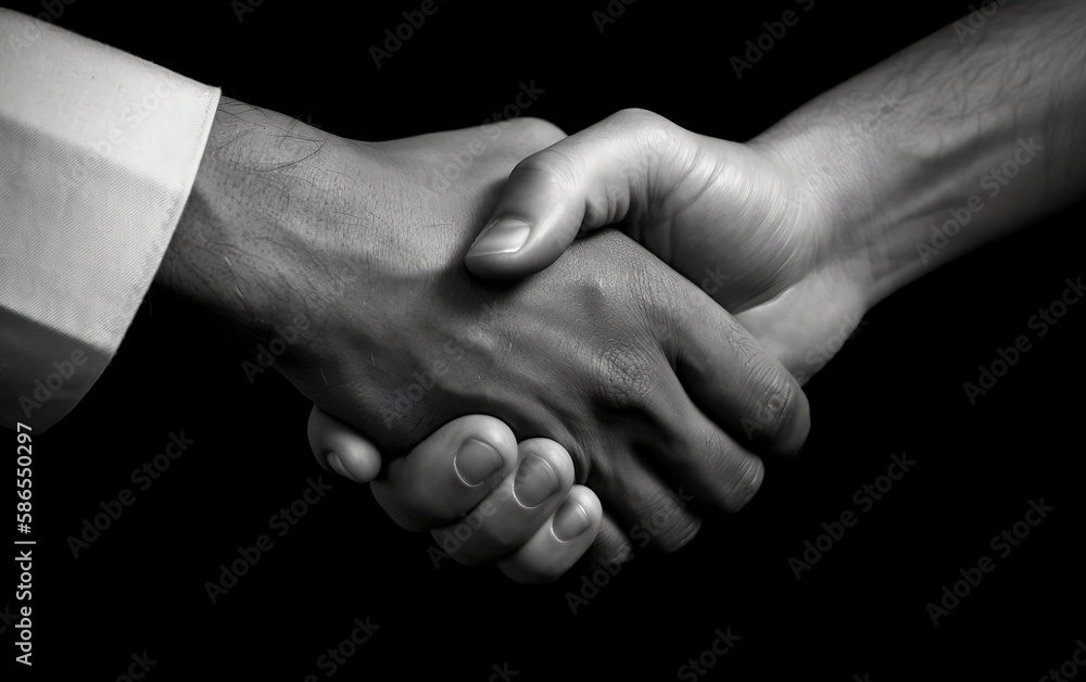 Handshake between two people. Black and white illustration. Generative AI technology.