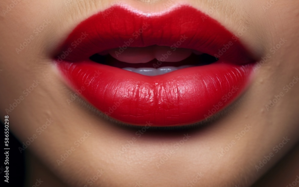Fototapeta premium Close up red lips of woman. Generative AI technology.