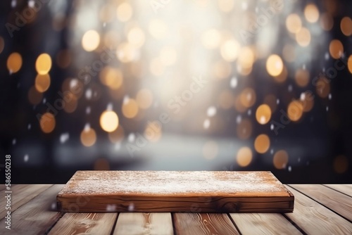 Winter Celebration Mockup: Snowy Wooden Table Top with Bokeh Background and Empty Space for Product Display