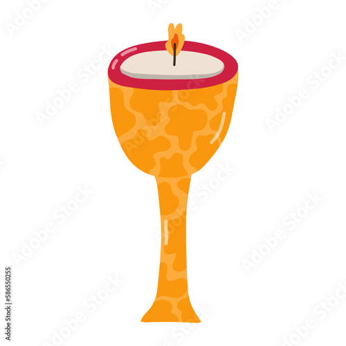 Cute handmade ceramic candlestick with burning candle.. Trendy craft candle holder in the style of 70s with colorful and trendy patterns. Scandinavian home decorations. Hand drawn vector clipart