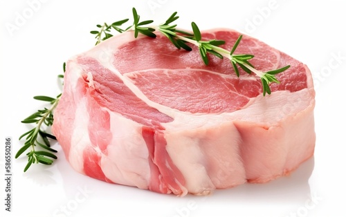 Raw pork chops on white background. Generative AI technology.