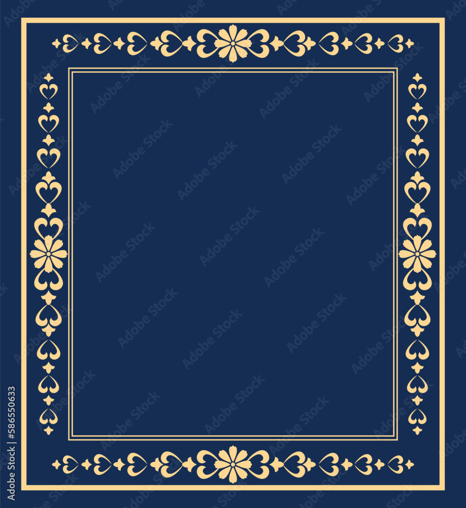 Decorative frame Elegant vector element for design in Eastern style, place for text. Floral golden and dark blue border. Lace illustration for invitations and greeting cards