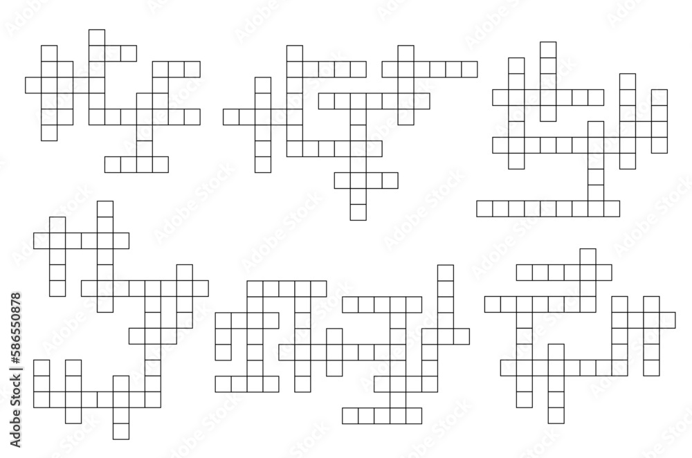 Crossword game grid. Text playing activity blank grid, wordsearch puzzle vector page or intellectual riddle cross templates. Crossword quiz or vocabulary riddle set Crossword game grid. Text playing activity blank grid, wordsearch puzzle vector page or intellectual riddle cross templates. Crossword quiz or vocabulary riddle set