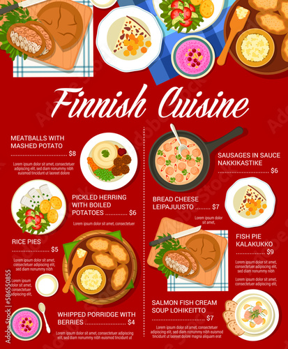 Finnish cuisine menu design template. Sausages in sauce Nakkikastike, whipped porridge with berries and pies, bread cheese Leipajuusto, soup Lohikeitto and Kalakukko, meatballs, herring with potatoes