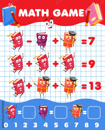 Cartoon books and textbooks math game worksheet. Vector mathematics riddle page for addition and subtraction calculation learning and arithmetic skills development. Children puzzle task with books