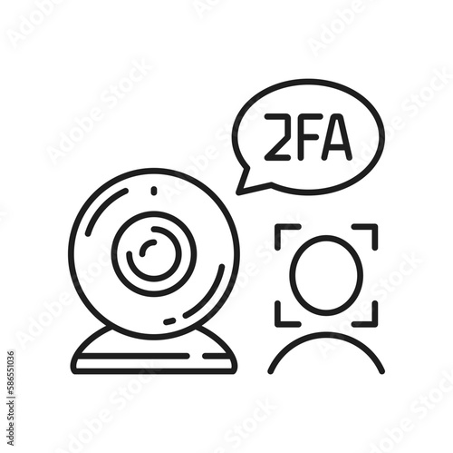 2FA two factor verification and access authentication icon, vector biometric face recognition. 2FA two step authentication or MFA multifactor authorization and user identity validation outline icon
